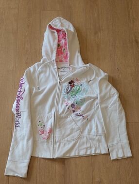 Vintage 2009 Disney White Hooded Zip Jacket with Minnie Mouse and Pink Lining
